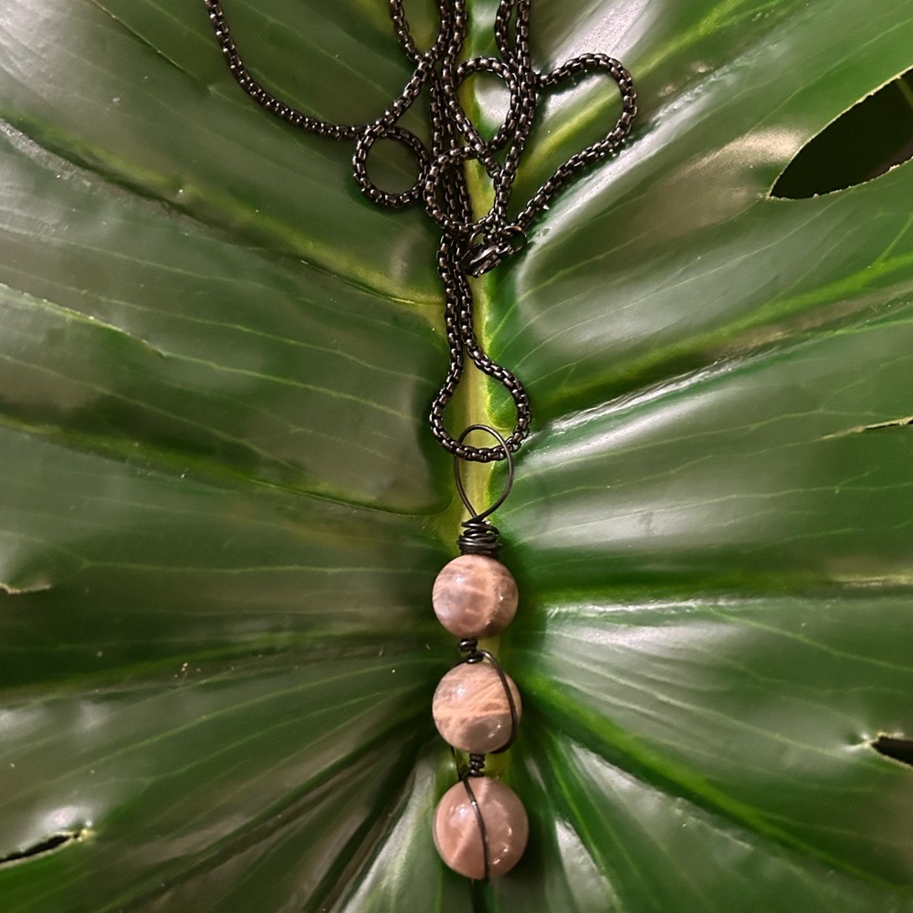 black moonstone triple wire wrapped crystal pendant stainless steel necklace